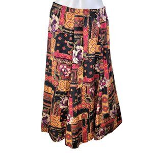 Vintage 80s Colorful Midi Skirt Women Large Orange Black Floral Bohemian 12 Fall